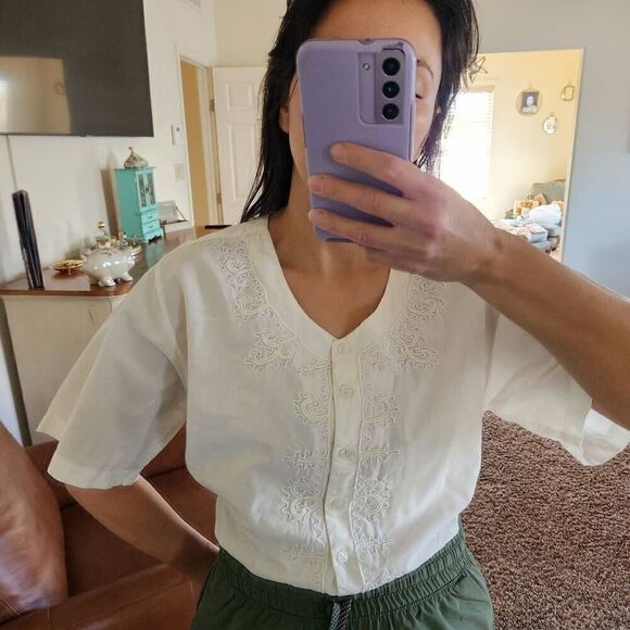 Raiment Fashions NY vintage womens S white floral 100% cotton relaxed blouse - Picture 2 of 8